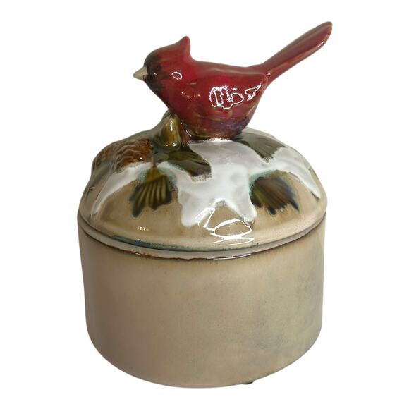 Vintage Winter Cardinal Scene Lidded Ceramic Porcelain Canister Trinket Box - Picture 8 of 10